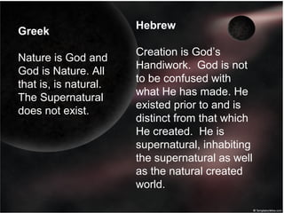 Greek
Nature is God and
God is Nature. All
that is, is natural.
The Supernatural
does not exist.
Hebrew
Creation is God’s
Handiwork. God is not
to be confused with
what He has made. He
existed prior to and is
distinct from that which
He created. He is
supernatural, inhabiting
the supernatural as well
as the natural created
world.
 