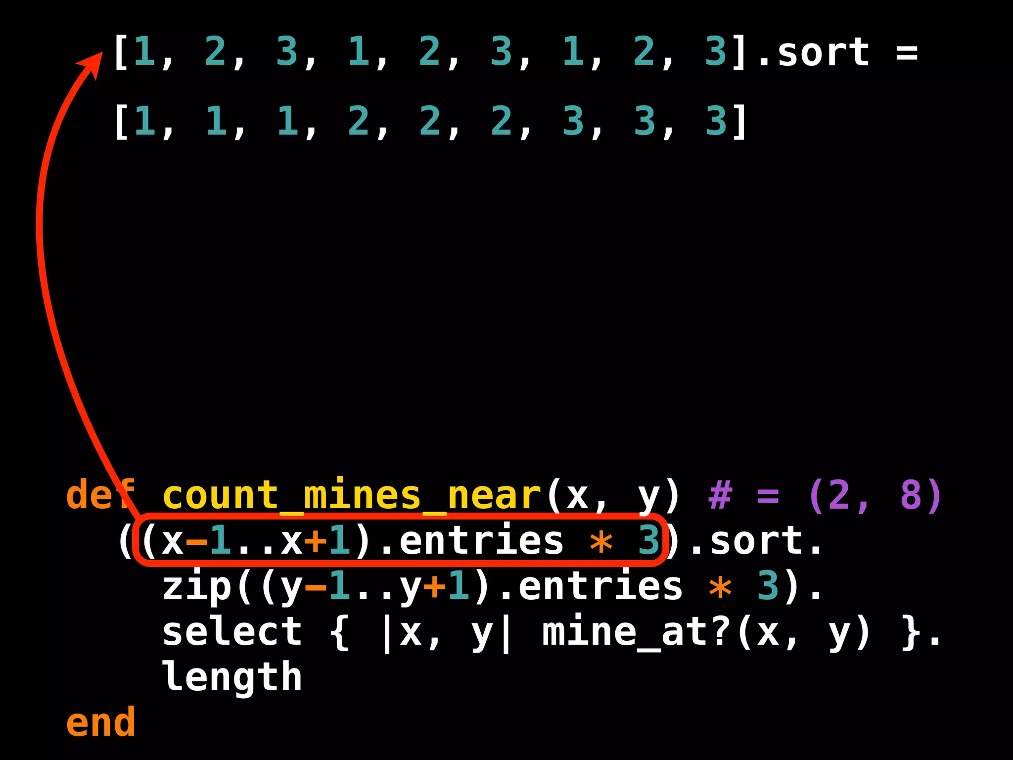 [1, 2, 3, 1, 2, 3, 1, 2, 3].sort =
 [1, 1, 1, 2, 2, 2, 3, 3, 3]




def count_mines_near(x, y) # = (2, 8)
  ((x-1..x+1).entries * 3).sort.
    zip((y-1..y+1).entries * 3).
    select { |x, y| mine_at?(x, y) }.
    length
end
 