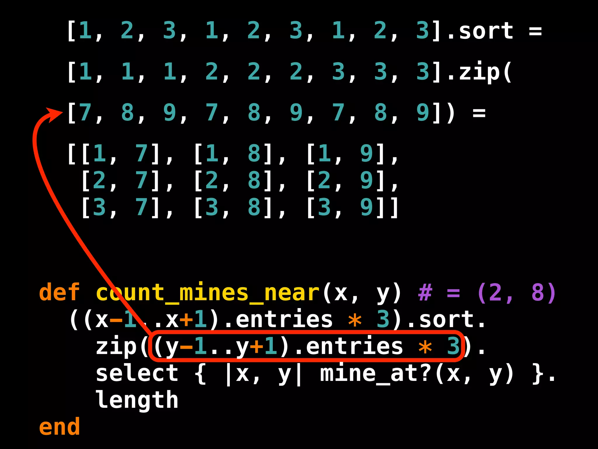 [1, 2, 3, 1, 2, 3, 1, 2, 3].sort =
 [1, 1, 1, 2, 2, 2, 3, 3, 3].zip(
 [7, 8, 9, 7, 8, 9, 7, 8, 9]) =
 [[1, 7], [1, 8], [1, 9],
  [2, 7], [2, 8], [2, 9],
  [3, 7], [3, 8], [3, 9]]


def count_mines_near(x, y) # = (2, 8)
  ((x-1..x+1).entries * 3).sort.
    zip((y-1..y+1).entries * 3).
    select { |x, y| mine_at?(x, y) }.
    length
end
 