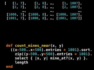 [      [1, 7],    [1, 8],   …,    [1, 1007],
       [2, 7],    [2, 8],   …,    [2, 1007],
            …,              …,            …,
    [1000, 7], [1000, 8],   …, [1000, 1007],
    [1001, 7], [1000, 8],   …, [1001, 1007]]




def count_mines_near(x, y)
  ((x-500..x+500).entries * 1001).sort.
    zip((y-500..y+500).entries * 1001).
    select { |x, y| mine_at?(x, y) }.
    length
end
 