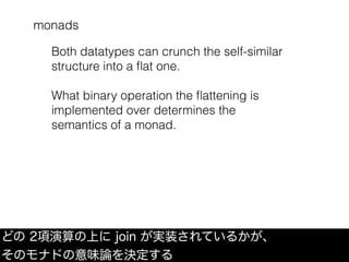 monads
どの 2項演算の上に join が実装されているかが、
そのモナドの意味論を決定する
Both datatypes can crunch the self-similar
structure into a ﬂat one.
What binary operation the ﬂattening is
implemented over determines the
semantics of a monad.
 