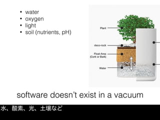 software doesn’t exist in a vacuum
水、酸素、光、土壌など
• water
• oxygen
• light
• soil (nutrients, pH)
 