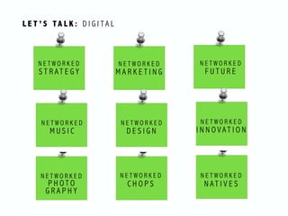 L E T ’ S TA L K : D I G I T A L
N E T W O R K E D
S T R A T E G Y
N E T W O R K E D
M A R K E T I N G
N E T W O R K E D
F U T U R E
N E T W O R K E D
M U S I C
N E T W O R K E D
D E S I G N
N E T W O R K E D
I N N O V A T I O N
N E T W O R K E D
N A T I V E S
N E T W O R K E D
C H O P S
N E T W O R K E D  
P H O T O  
G R A P H Y
 