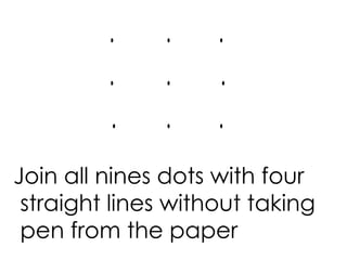 Join all nines dots with four straight lines without taking pen from the paper 