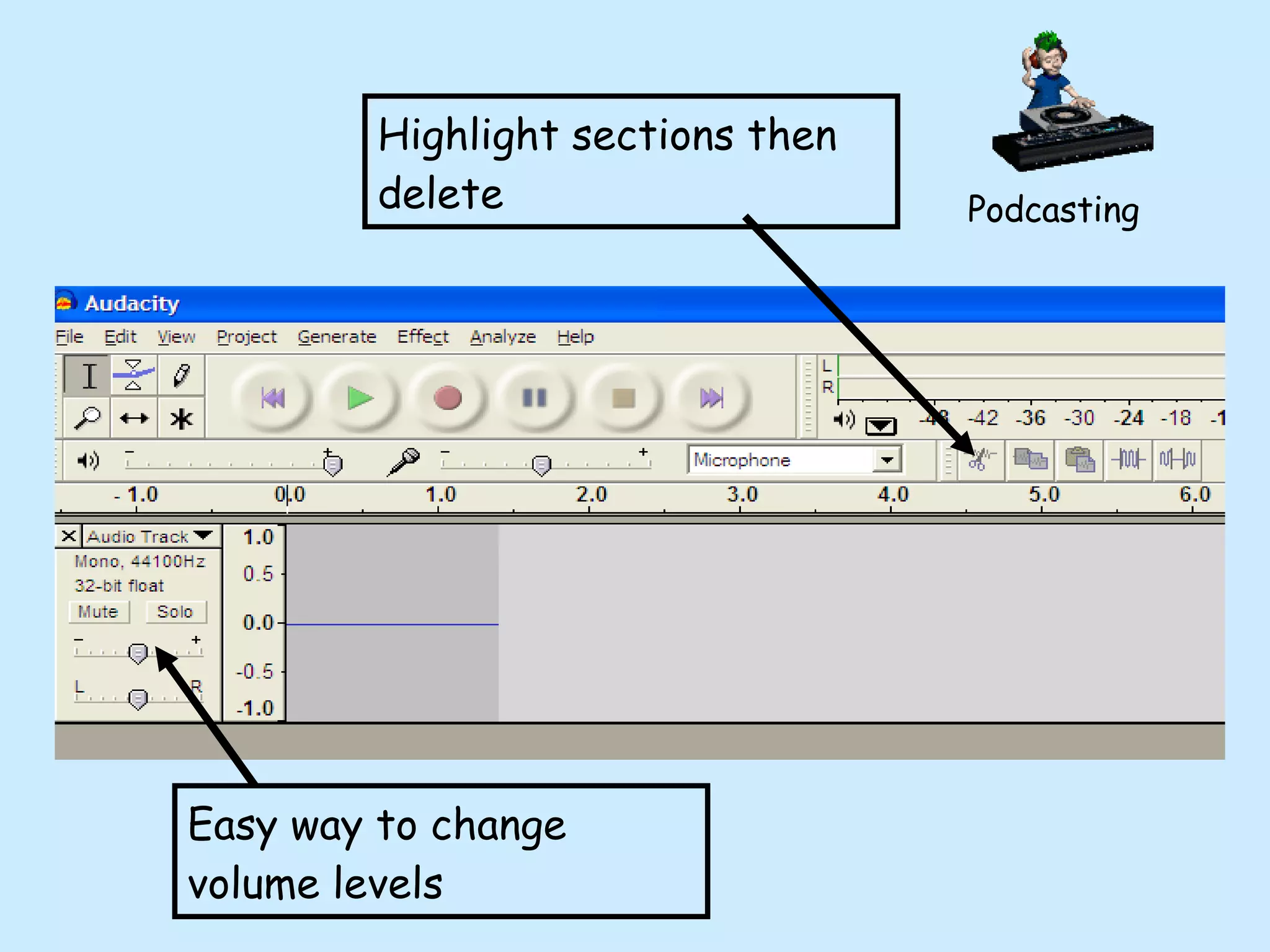Easy way to change volume levels Highlight sections then delete Podcasting 