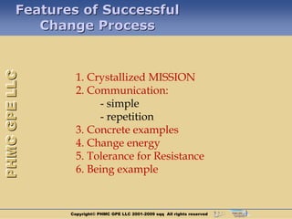 Features of Successful
           Change Process
PHMC GPE LLC



                 1. Crystallized MISSION
                 2. Communication:
                      - simple
                      - repetition
                 3. Concrete examples
                 4. Change energy
                 5. Tolerance for Resistance
                 6. Being example


               Copyright© PHMC GPE LLC 2001-2009 sqq All rights reserved
 