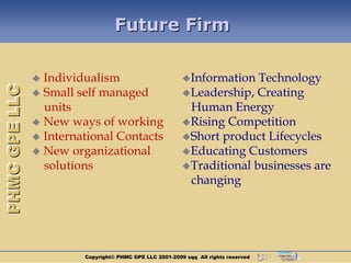 Future Firm

                Individualism                           Information  Technology
PHMC GPE LLC



                Small self managed                      Leadership, Creating
                 units                                    Human Energy
                New ways of working                     Rising Competition
                International Contacts                  Short product Lifecycles
                New organizational                      Educating Customers
                 solutions                               Traditional businesses are
                                                          changing




                        Copyright© PHMC GPE LLC 2001-2009 sqq All rights reserved
 