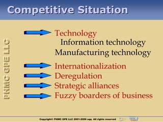 Competitive Situation

                          Technology
                           Information technology
PHMC GPE LLC




                          Manufacturing technology
                          Internationalization
                          Deregulation
                          Strategic alliances
                          Fuzzy boarders of business

               Copyright© PHMC GPE LLC 2001-2009 sqq All rights reserved
 