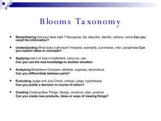 Blooms Taxonomy Remembering  Get your facts right ? Recognise, list, describe, identify, retrieve, name  Can you recall the information? Understanding  What does it all mean? Interpret, exemplify, summarise, infer, paraphrase  Can you explain ideas or concepts? Applying  Use it or lose it Implement, carry out, use  Can you use the new knowledge in another situation  Analysing  Breakdown Compare, attribute, organise, deconstruct  Can you differentiate between parts? Evaluating  Judge and Jury Check, critique, judge, hypothesise  Can you justify a decision or course of action? Creating  Creating New Things. Design, construct, plan, produce  Can you create new products, ideas or ways of viewing things? 