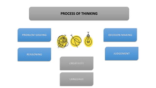 PROCESS OF THINKING
DECISION MAKING
REASONING
PROBLEM SOLVING
JUDGEMENT
CREATIVITY
LANGUAGE
 