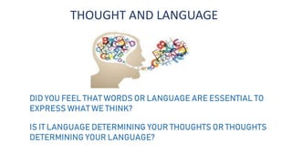 THOUGHT AND LANGUAGE
DID YOU FEEL THAT WORDS OR LANGUAGE ARE ESSENTIAL TO
EXPRESS WHAT WE THINK?
IS IT LANGUAGE DETERMINING YOUR THOUGHTS OR THOUGHTS
DETERMINING YOUR LANGUAGE?
 