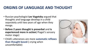ORGINS OF LANGUAGE AND THOUGHT
• Russian psychologist Lev Vygotsky argued that
thoughts and language develop in a child
separately until two years of age when they
merge.
• Before 2 years thought is preverbal and is
experienced more in action( Piaget’s sensory
motor stage)
• Child’s utterances are more automatic reflexes
than thought based-( crying when
uncomfortable)
 
