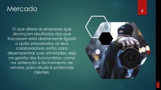 Mercado
O que difere as empresas que
alcançam resultados das que
fracassam está diretamente ligado
a quão preparados os seus
colaboradores estão para
desempenhar suas atividades, seja
na gestão dos funcionários, como
na obtenção e fechamento de
vendas, para atuais e potenciais
clientes.
6
 