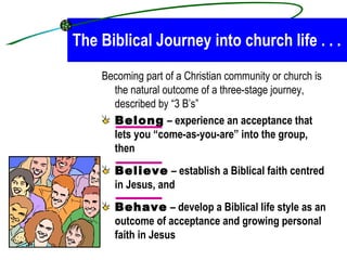 The Biblical Journey into church life . . . Becoming part of a Christian community or church is the natural outcome of a three-stage journey, described by “3 B’s” Belong  – experience an acceptance that lets you “come-as-you-are” into the group, then Believe  – establish a Biblical faith centred in Jesus, and Behave  – develop a Biblical life style as an outcome of acceptance and growing personal faith in Jesus 