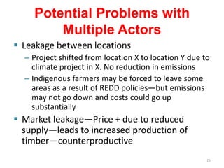 Potential Problems with
        Multiple Actors
 Leakage between locations
  – Project shifted from location X to location Y due to
    climate project in X. No reduction in emissions
  – Indigenous farmers may be forced to leave some
    areas as a result of REDD policies—but emissions
    may not go down and costs could go up
    substantially
 Market leakage—Price + due to reduced
  supply—leads to increased production of
  timber—counterproductive
                                                       25
 