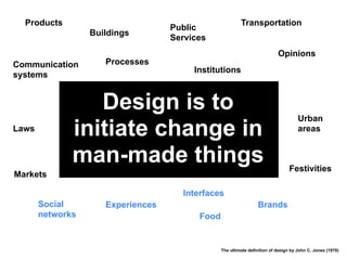 Products                                                   Transportation
                                      Public
 But there is alsoBuildings
                  the ultimate definition...
                                      Services
                                                                              Opinions
Communication        Processes
                                           Institutions
systems


                 Design is to
                                                                                        Urban
Laws          initiate change in                                                        areas


              man-made things                                                      Festivities
Markets

                                        Interfaces
       Social        Experiences                                    Brands
       networks                             Food


                                                   The ultimate definition of design by John C. Jones (1970)
 