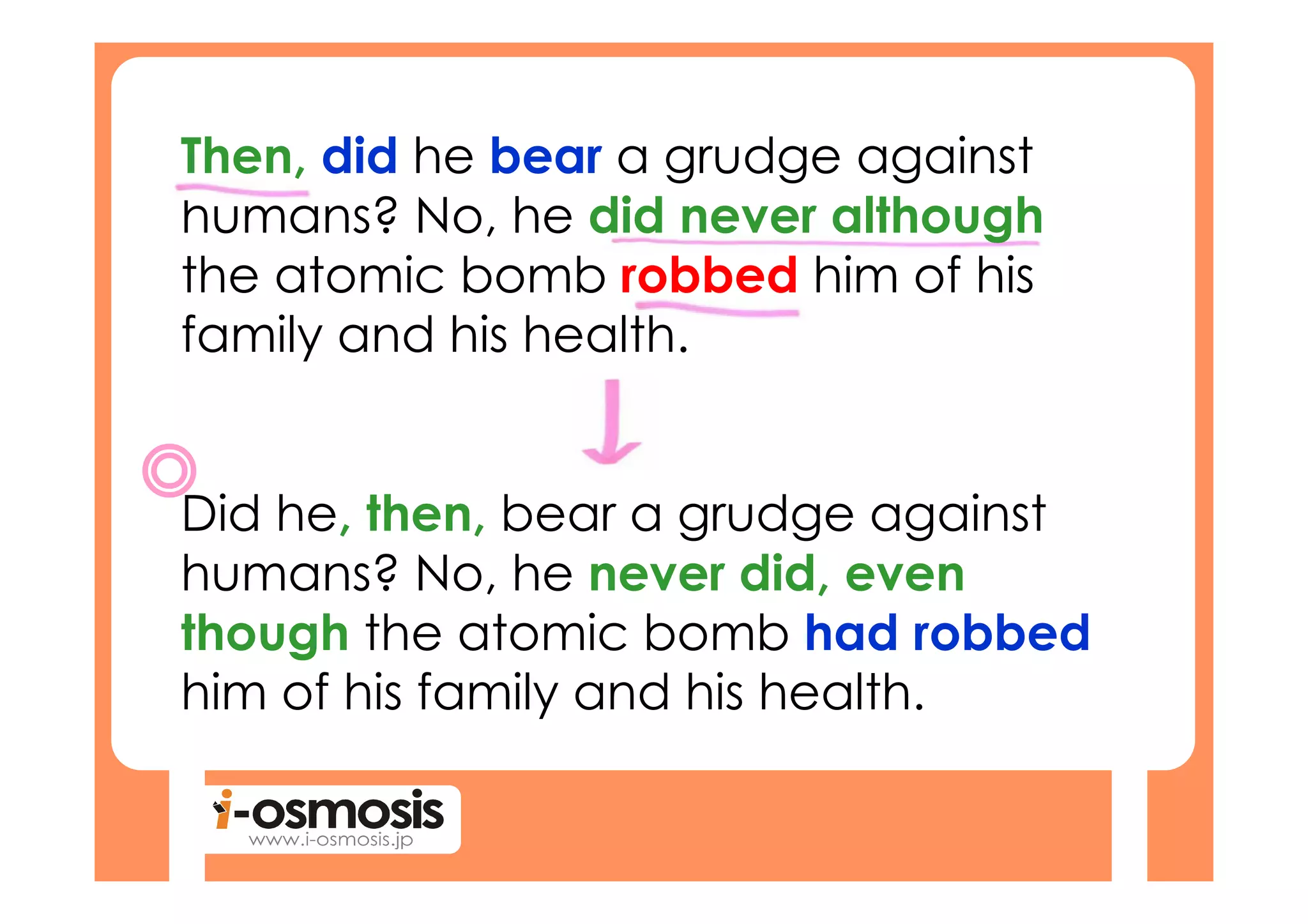 Then, did he bear a grudge against
humans? No, he did never although
the atomic bomb robbed him of his
family and his health.


Did he, then, bear a grudge against
humans? No, he never did, even
though the atomic bomb had robbed
him of his family and his health.
 