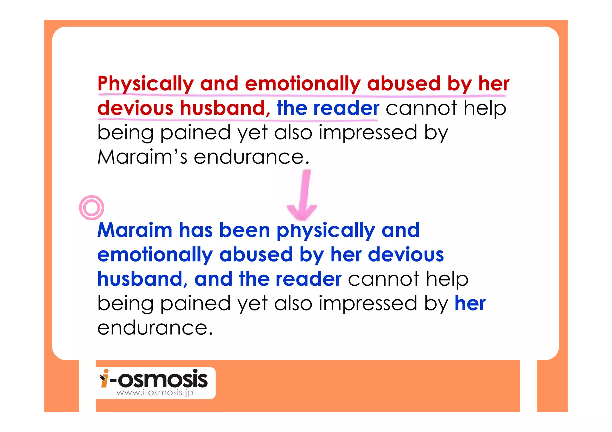 Physically and emotionally abused by her
devious husband, the reader cannot help
being pained yet also impressed by
Maraim’s endurance.


Maraim has been physically and
emotionally abused by her devious
husband, and the reader cannot help
being pained yet also impressed by her
endurance.
 