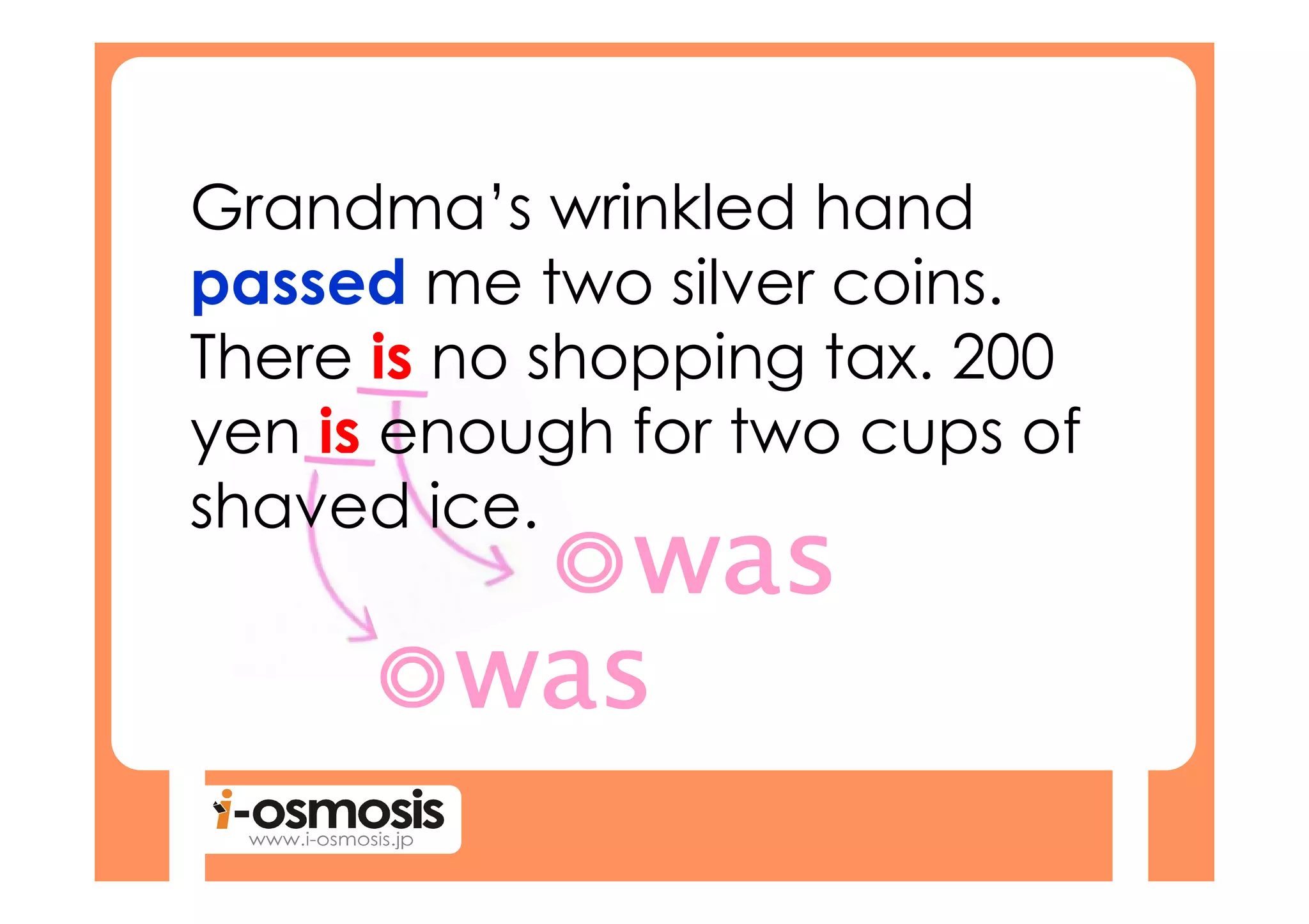 Grandma’s wrinkled hand
passed me two silver coins.
There is no shopping tax. 200
yen is enough for two cups of
shaved ice.
 