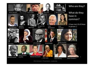 Daniel Toroitich 
arap Moi 
Ville Vartiainen | Presentation _ Leadership 
Who are they? 
What do they 
have in 
common? 
(I have met 10 of these 
in person..) 
4 
Nelson Mandela Jasser Arafat Steve Jobs Winston Churchill 
David Beckham 
Napoleon 
Bonabarte Adolf Hitler 
George H. W. 
Bush 
Franz 
Beckenbauer 
Jenni 
Vartiainen 
Rosa Parks Mother Teresa Urho Kekkonen Ronald Reagan 
Malala Yousafzai 
Mahatma Gandhi 
Michael Schumacher 
Dalai Lama 
Oprah Winfrey Queen Elisabeth II 
 