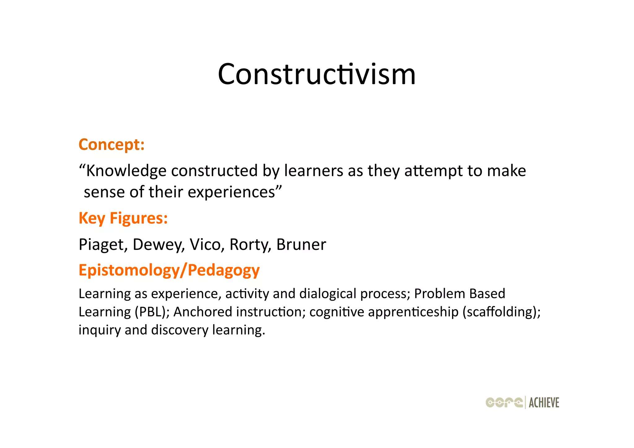 ConstrucOvism	
  
Concept:	
  	
  
“Knowledge	
  constructed	
  by	
  learners	
  as	
  they	
  aaempt	
  to	
  make	
  
 sense	
  of	
  their	
  experiences”	
  	
  
Key	
  Figures:	
  	
  
Piaget,	
  Dewey,	
  Vico,	
  Rorty,	
  Bruner	
  
Epistomology/Pedagogy	
  
Learning	
  as	
  experience,	
  acOvity	
  and	
  dialogical	
  process;	
  Problem	
  Based	
  
Learning	
  (PBL);	
  Anchored	
  instrucOon;	
  cogniOve	
  apprenOceship	
  (scaﬀolding);	
  
inquiry	
  and	
  discovery	
  learning.	
  
 