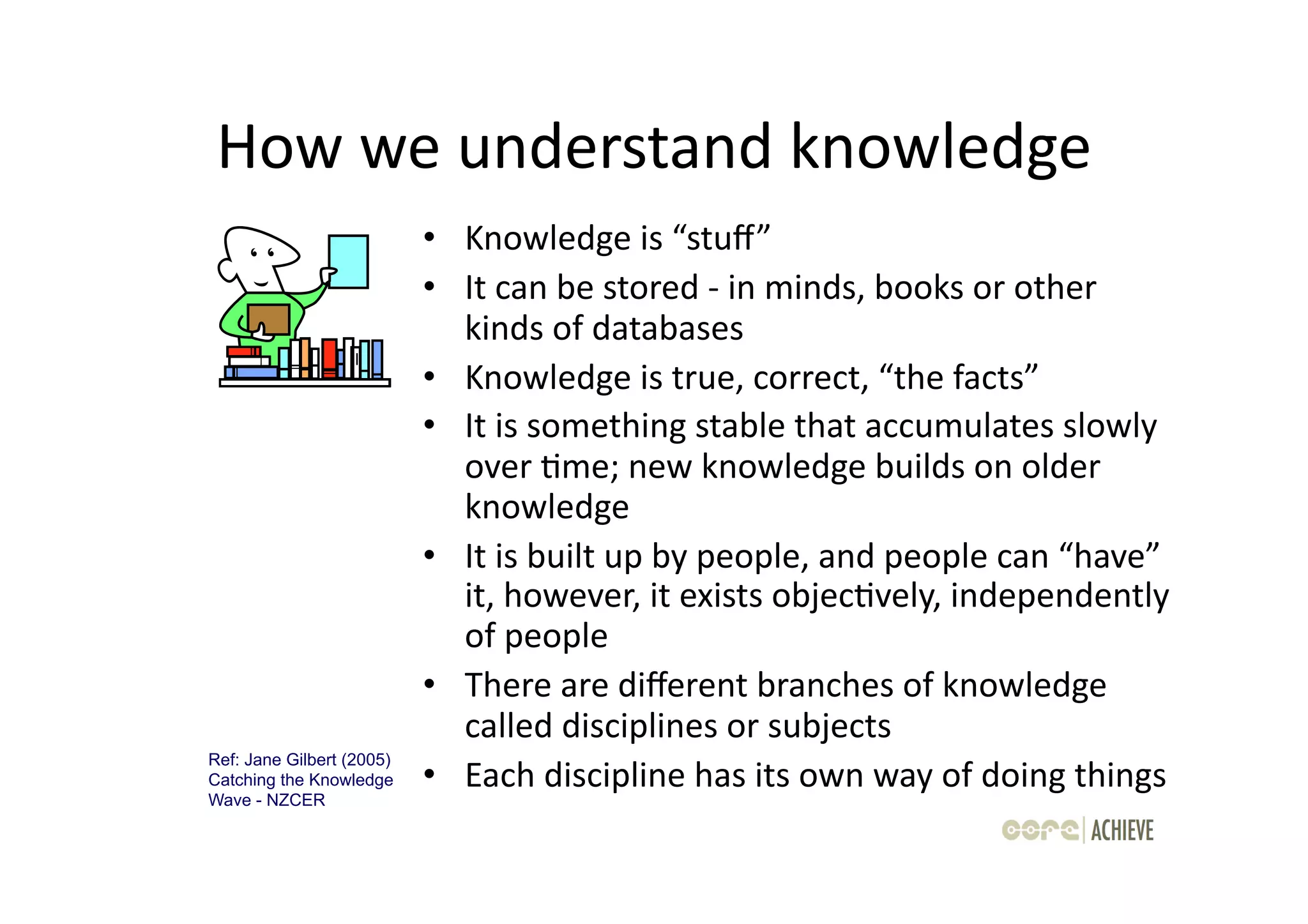 How	
  we	
  understand	
  knowledge	
  
                           •  Knowledge	
  is	
  “stuﬀ”	
  
                           •  It	
  can	
  be	
  stored	
  -­‐	
  in	
  minds,	
  books	
  or	
  other	
  
                              kinds	
  of	
  databases	
  
                           •  Knowledge	
  is	
  true,	
  correct,	
  “the	
  facts”	
  
                           •  It	
  is	
  something	
  stable	
  that	
  accumulates	
  slowly	
  
                              over	
  Ome;	
  new	
  knowledge	
  builds	
  on	
  older	
  
                              knowledge	
  
                           •  It	
  is	
  built	
  up	
  by	
  people,	
  and	
  people	
  can	
  “have”	
  
                              it,	
  however,	
  it	
  exists	
  objecOvely,	
  independently	
  
                              of	
  people	
  
                           •  There	
  are	
  diﬀerent	
  branches	
  of	
  knowledge	
  
                              called	
  disciplines	
  or	
  subjects	
  
Ref: Jane Gilbert (2005)
Catching the Knowledge     •  Each	
  discipline	
  has	
  its	
  own	
  way	
  of	
  doing	
  things	
  
Wave - NZCER
 