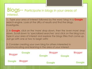 Blogs-- Participate in blogs in your areas of
interest.
1. Type your area of interest followed by the word 'blog' in a Google
search engine. Look at the URLs of results and find the blogs.
Investigate.

2. In Google, click on the 'more' drop down, then the 'even more' drop
down. Scroll down to 'specialized searches' and click on the blog icon.
Type in your area of interest and explore the blogs titles that come up.
Just go with one or two to begin with!

3. Consider creating your own blog for others interested in
communicating and learning in the area of your interest.

             Google                    Blogger                Blogger
  Blogger
                              Google             Google

 Google     Blogger
                                    Google                     Google
 