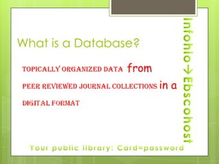 What is a Database?

Topically organized data   from
Peer Reviewed Journal Collections in   a
 