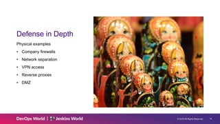 © 2019 All Rights Reserved. 14
Defense in Depth
Physical examples
• Company firewalls
• Network separation
• VPN access
• Reverse proxies
• DMZ
 