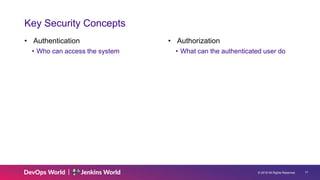 © 2019 All Rights Reserved. 17
Key Security Concepts
• Authentication
• Who can access the system
• Authorization
• What can the authenticated user do
 