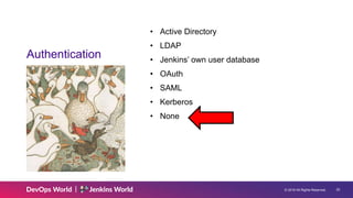 © 2019 All Rights Reserved. 20
Authentication
• Active Directory
• LDAP
• Jenkins’ own user database
• OAuth
• SAML
• Kerberos
• None
 