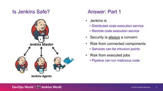© 2019 All Rights Reserved. 5
Is Jenkins Safe? Answer: Part 1
• Jenkins is
• Distributed code execution service
• Remote code execution service
• Security is always a concern
• Risk from connected components
• Services can be intrusion points
• Risk from executed jobs
• Pipeline can run malicious code
 
