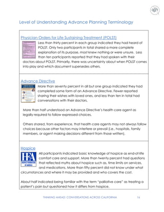THINKING AHEAD: CONVERSATIONS ACROSS CALIFORNIA 16
Level of Understanding Advance Planning Terminology
Physician Orders for Life Sustaining Treatment (POLST)
Less than thirty percent in each group indicated they had heard of
POLST. Only two participants in total shared a more complete
explanation of its purpose, most knew nothing or were unsure. Less
than ten participants reported that they had spoken with their
doctors about POLST. Primarily, there was uncertainty about when POLST comes
into play and which document supersedes others.
Advance Directive
More than seventy percent in all but one group indicated they had
completed some form of an Advance Directive. Fewer reported
sharing their wishes with loved ones, and less than ten in total had
conversations with their doctors.
More than half understood an Advance Directive’s health care agent as
legally required to follow expressed choices.
Others shared, from experience, that health care agents may not always follow
choices because other factors may interfere or prevail (i.e., hospitals, family
members, or agent making decisions different from those written).
Hospice
All participants indicated basic knowledge of hospice as end-of-life
comfort care and support. More than twenty percent had questions
that reflected myths about hospice such as, time limits on services,
and medications. More than fifty percent did not know under what
circumstances and where it may be provided and who covers the cost.
About half indicated being familiar with the term “palliative care” as treating a
patient’s pain but questioned how it differs from hospice.
 