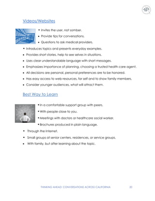THINKING AHEAD: CONVERSATIONS ACROSS CALIFORNIA 20
Videos/Websites
• Invites the user, not somber.
 Provide tips for conversations.
 Questions to ask medical providers.
• Introduces topics and presents everyday examples.
 Provides short stories, help to see selves in situations.
 Uses clear understandable language with short messages.
 Emphasizes importance of planning, choosing a trusted health care agent.
 All decisions are personal, personal preferences are to be honored.
 Has easy access to web resources, for self and to show family members.
 Consider younger audiences, what will attract them.
Best Way to Learn
•In a comfortable support group with peers.
•With people close to you.
•Meetings with doctors or healthcare social worker.
•Brochures produced in plain language.
• Through the Internet.
• Small groups at senior centers, residences, or service groups.
 With family, but after learning about the topic.
 