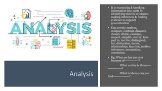 Analysis
• It is examining & breaking
information into parts by
identifying motives or causes;
making inferences & finding
evidence to support
generalization.
• Key words: analyze,
compare, contrast, discover,
dissect, divide, examine,
inspect, simplify, survey, take
part in, test for, distinguish,
list, distinction, theme,
relationships, function, motive,
inferences, assumption,
conclusion.
• Eg; What are key parts or
features of-------------?
What motive is there----
-------------?
What evidence can you
find---------------?
 