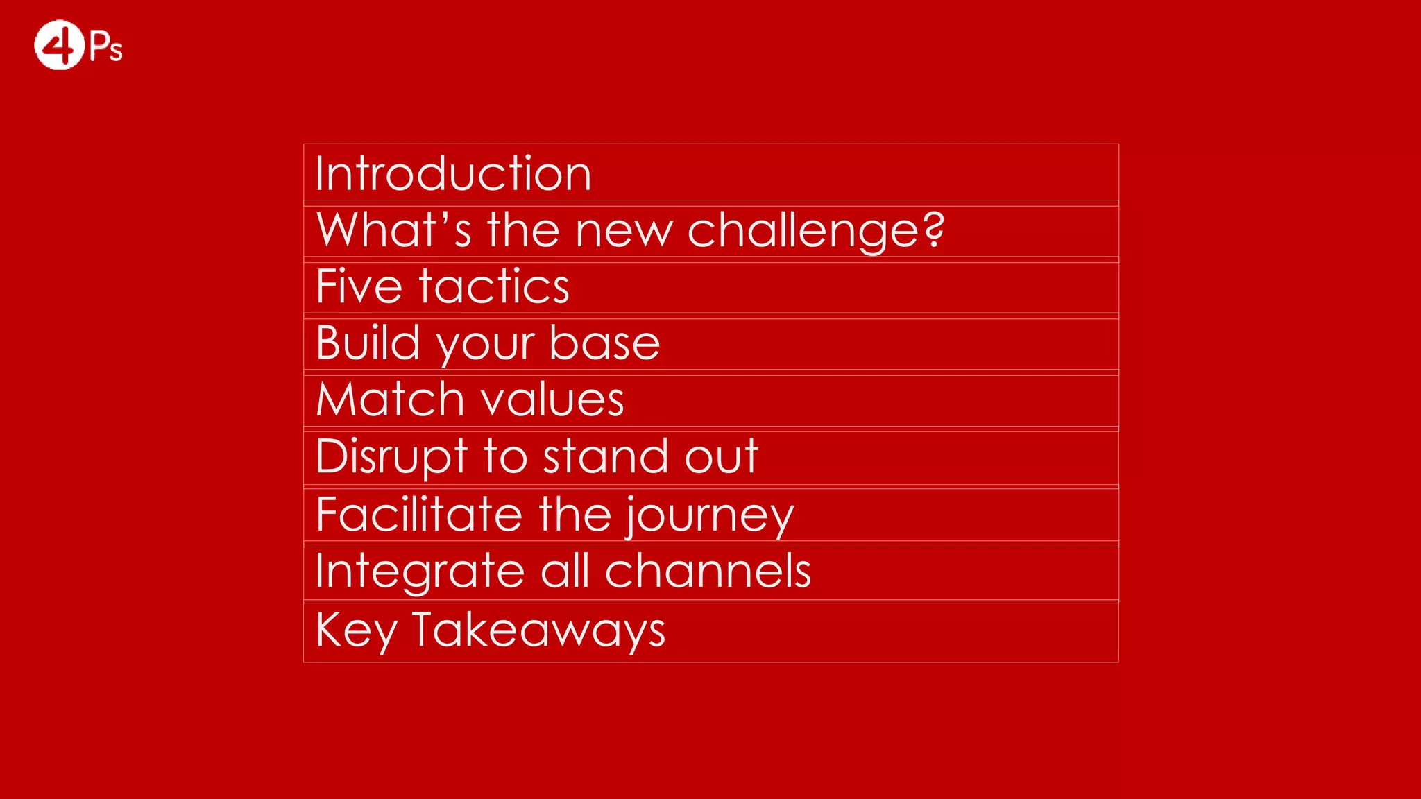What’s the new challenge?
Five tactics
Build your base
Match values
Integrate all channels
Introduction
Facilitate the journey
Disrupt to stand out
Key Takeaways
 