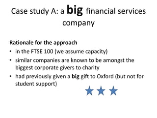 Case study A: a big financial services
company
Rationale for the approach
• in the FTSE 100 (we assume capacity)
• similar companies are known to be amongst the
biggest corporate givers to charity
• had previously given a big gift to Oxford (but not for
student support)
 