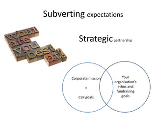 Subverting expectations
Strategicpartnership
Corporate mission
=
CSR goals
Your
organisation’s
ethos and
fundraising
goals
 