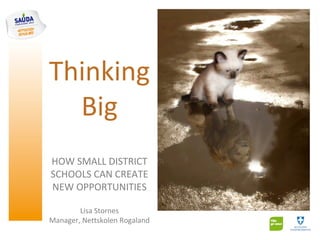 Thinking
  Big
HOW SMALL DISTRICT
SCHOOLS CAN CREATE
NEW OPPORTUNITIES

        Lisa Stornes
Manager, Nettskolen Rogaland
 