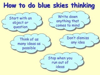 How to do blue skies thinking
Start with an
object or
question
Think of as
many ideas as
possible

Write down
anything that
comes to mind
Don’t dismiss
any idea

Stop when you
run out of
ideas

 