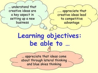 … understand that
creative ideas are
a key aspect in
setting up a new
business

…… appreciate that
creative ideas lead
to competitive
advantage

Learning objectives:
be able to …
... appreciate that ideas come
about through lateral thinking
and blue skies thinking

 