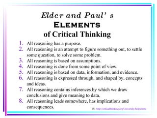 All reasoning has a purpose.  All reasoning is an attempt to figure something out, to settle some question, to solve some problem.  All reasoning is based on assumptions.  All reasoning is done from some point of view.  All reasoning is based on data, information, and evidence.  All reasoning is expressed through, and shaped by, concepts and ideas.  All reasoning contains inferences by which we draw conclusions and give meaning to data.  All reasoning leads somewhere, has implications and consequences.  Elder and Paul’s Elements of Critical Thinking (5)  http://criticalthinking.org/University/helps.html 