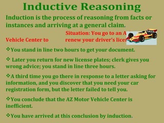 Induction is the process of reasoning from facts or
instances and arriving at a general claim.
Situation: You go to an Arizona
Vehicle Center to renew your driver’s license.
You stand in line two hours to get your document.
 Later you return for new license plates; clerk gives you
wrong advice; you stand in line three hours.
A third time you go there in response to a letter asking for
information, and you discover that you need your car
registration form, but the letter failed to tell you.
You conclude that the AZ Motor Vehicle Center is
inefficient.
You have arrived at this conclusion by induction.
 