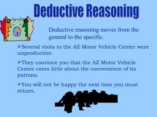 Deductive reasoning moves from the
general to the specific.
Several visits to the AZ Motor Vehicle Center were
unproductive.
They convince you that the AZ Motor Vehicle
Center cares little about the convenience of its
patrons.
You will not be happy the next time you must
return.
 