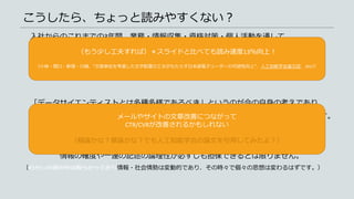 こうしたら、ちょっと読みやすくない？
入社からのこれまでの3年間、業務・情報収集・資格対策・個人活動を通して
データサイエンスというものに触れ、考えてきたつもりです。
社会人としてもデータサイエンティストとしても歴の浅い今こそ見える世界を
“現時点” の “雑感” として自身の思考を資料化しました。
「データサイエンティストとは多種多様であるべき」というのが今の自身の考えであり、
本資料が “個々人の考える” データサイエンティスト像を形成する一助となれば幸いです。
そのため見識の相違は大歓迎です。
ただしあくまで “雑感” の域を出るものではありません。
情報の確度や一連の記述の論理性が必ずしも担保できるとは限りません。
（わたしの頭の中は散らかっており情報・社会情勢は変動的であり、その時々で個々の思想は変わるはずです。）
（もう少し工夫すれば）＊スライドと比べても読み速度13％向上！
（小林・関口・新堀・川嶋、“文節単位を考慮した文字配置の工夫がもたらす日本語電子リーダーの可読性向上”、人工知能学会論文誌、2017）
メールやサイトの文章改善につながって
CTR/CVRが改善されるかもしれない
（極論かな？暴論かな？でも人工知能学会の論文を引用してみたよ？）
 