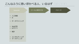• 人工知能
• AI
• データマイニング
• Web広告
• ECサイト
• 統計
• コンサルティング
• マーケティング
こんなふうに思い浮かべる人、いるはず（ぼくです）
Keywords ツールと紐付ける イメージ
 