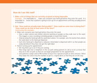How do I use this tool?
1. Make a list of things that are currently accepted as being impossible
Example… It is impossible to…. make sure everyone uses hand gel before they enter the ward. It is
impossible to… know that a patient is going to turn up for an appointment until they actually present
at reception.
2. Ask: “How could we actually make that possible?” “How could we come close to doing that?”
“How could we do that at least some of the time?”
Continuing the example…
N Make sure everyone uses hand gel before they enter the ward:
N Have a video camera and motion detector pointing at people as they walk near to the ward.
This triggers a voice recording reminding people to wash their hands.
N Only by using the hand gel will the ward door unlock. For example, wire the button that unlocks
the ward door to the hand gel dispenser.
N Each time hand gel is dispensed a coloured, timed label is dispensed with it so that people are
easily identified if they have not got the right label.
N Patient turning up for appointment:
N We ring them up to see if they are coming.
N Place large sign near a telephone in the car park asking patients to call us to let us know that
they are in the car park so that we can begin preparation for the appointment.
N Give patients a swipe card or PIN number to key in for a special car park or clinic entrance. When
they swipe the card or key the number to get in, a signal alerts us that they are on the way.
TD_02_TOOLS_ALL 12/9/07 9:28 am Page 42
 