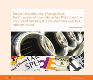 Tools Phase 2: Generating Lots of Ideas Mental Benchmarking109
The best innovators aren’t lone geniuses.
They’re people who can take an idea that’s obvious in
one context and apply it in not-so-obvious ways to a
different context.
Harvard Business Review
TD_02_TOOLS_ALL 12/9/07 9:28 am Page 47
 