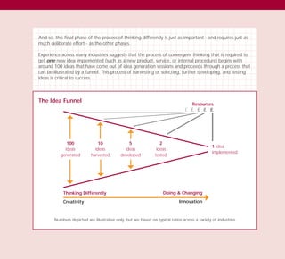 100
ideas
generated
Thinking Differently
Creativity
Doing & Changing
Innovation
10
ideas
harvested
5
ideas
developed
2
ideas
tested
1 idea
implemented
Numbers depicted are illustrative only, but are based on typical ratios across a variety of industries
And so, this final phase of the process of thinking differently is just as important - and requires just as
much deliberate effort - as the other phases.
Experience across many industries suggests that the process of convergent thinking that is required to
get one new idea implemented (such as a new product, service, or internal procedure) begins with
around 100 ideas that have come out of idea generation sessions and proceeds through a process that
can be illustrated by a funnel. This process of harvesting or selecting, further developing, and testing
ideas is critical to success.
The Idea Funnel
£ £ £ £ £
Resources
TD_03_TOOLS_ALL 12/9/07 9:32 am Page 4
 