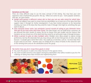 Tools Phase 3: Selecting and Testing Ideas to Make a Difference Harvesting by Criteria and Dot Voting127
Variations on this tool
There are many different ways to use the basic concept of Dot Voting. You may have your own
experience and a method that you prefer. We say, “What ever works for you.” Some popular variations,
with tips, are given below:
N Assign each person a different colour dot so that you can see who voted for which idea.
This can be helpful if you want to ensure that key stakeholders see at least one of the ideas that they
support make it through for further development. If you have invited someone to the harvesting
meeting, but none of the ideas that they voted for make it through, that might be something that you
want to discuss.
N Give everyone fewer votes, but anticipate several rounds of voting as you eliminate items
that got no (or few) votes each time round. This takes longer, but can build better consensus. As
you proceed into later rounds of voting, the list to choose from gets smaller and the chances that
everyone can see at least one of the ideas that they voted for at some point make it through increases.
N Allow a person to give an idea multiple votes. Multiple votes allow people to express strong
preferences, but has the downside that you may end up with an item that got lots of votes, but only
because 1-2 people gave it all of their votes. You could use a restriction, such as “no more than three
of your votes on one item”. Another way is to simply ask for a show of hands of who voted for each
of the winning items and see the distribution across the group.
No matter how you do it, keep these goals in mind:
N You want the process to yield a few ideas that best fit the agreed criteria.
N You want to build consensus and support among key stakeholders that will be needed as you face the
challenge of taking these ideas forward and implementing them.
TD_03_TOOLS_ALL 12/9/07 9:32 am Page 15
 